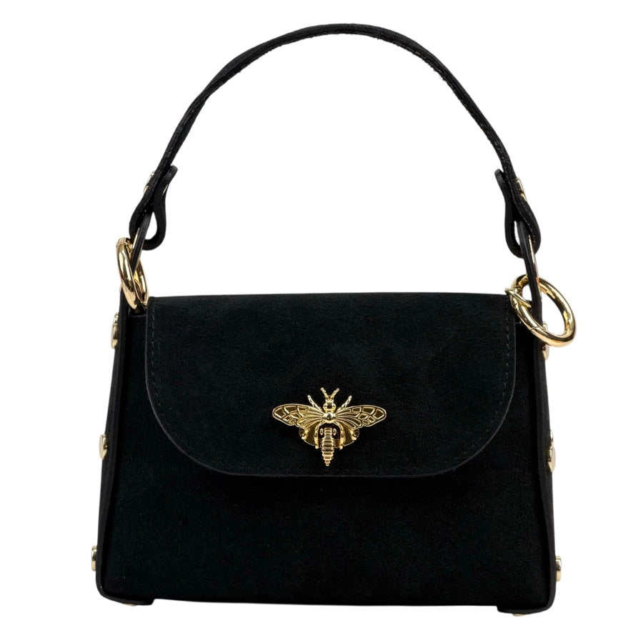Nucci mini flap satchel in black suede
