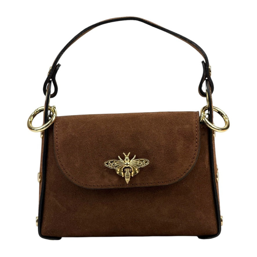 Nucci mini flap satchel in dark brown suede