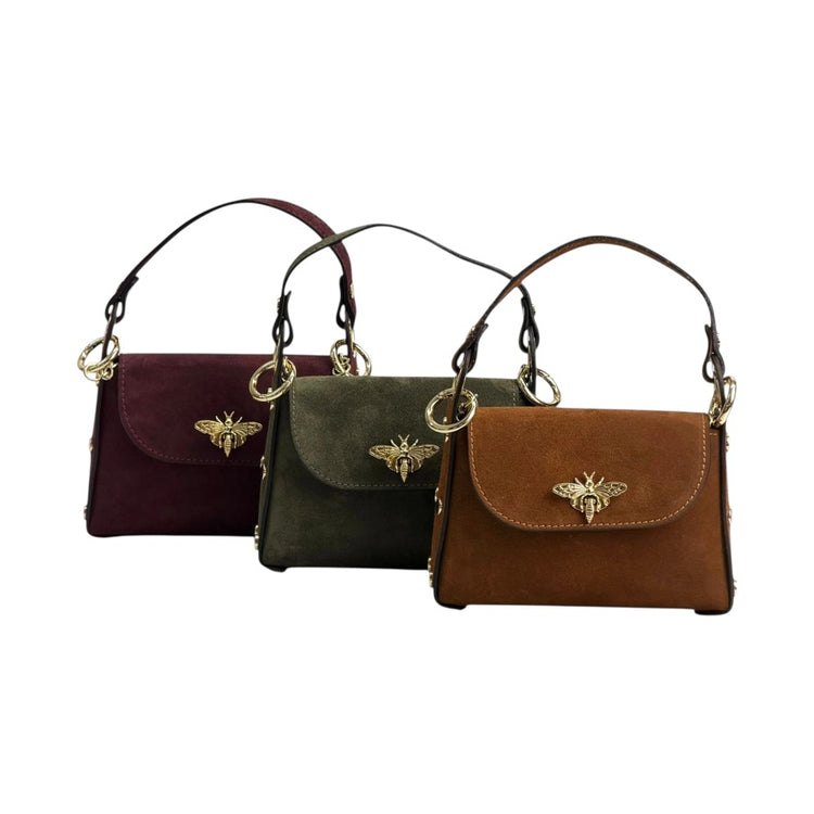 Nucci suede mini flap satchel in burgundy, military green, and brown
