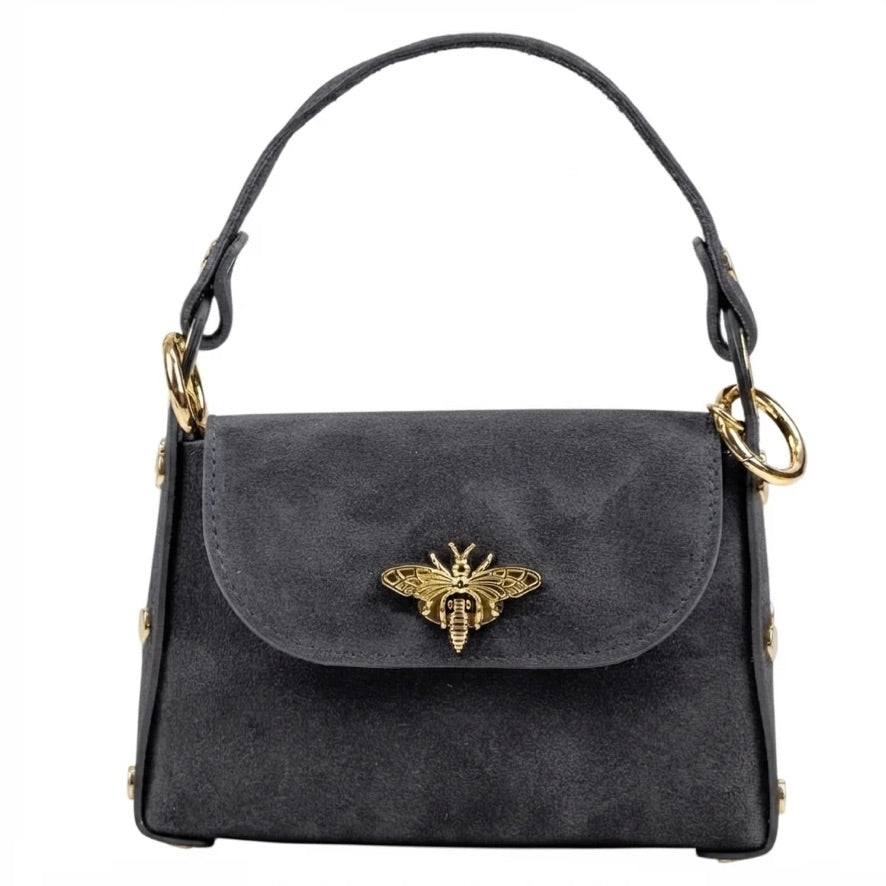 Nucci mini flap satchel in dark grey suede
