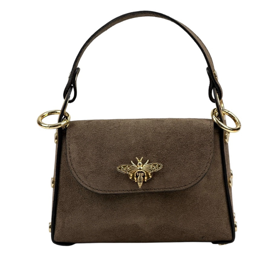 Nucci mini flap satchel in dark taupe suede