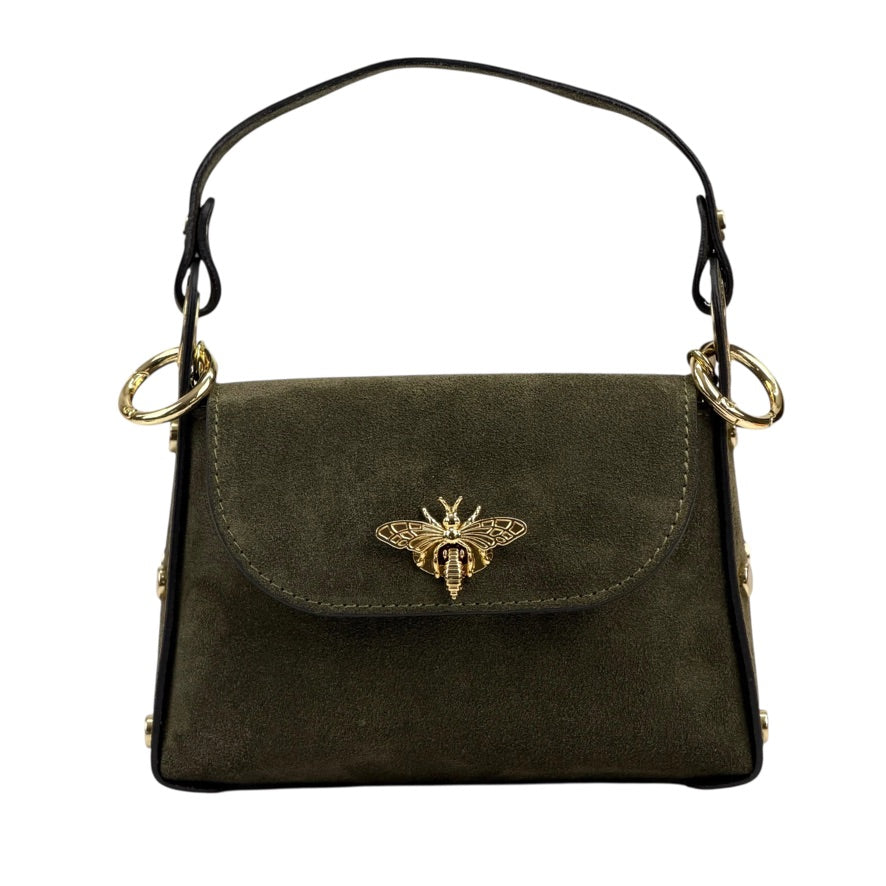 Nucci mini flap satchel in military green suede